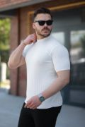 Erkek Bisiklet Yaka örgü Desenli Kısa örme Triko Kısa Kollu T-shirt resmi